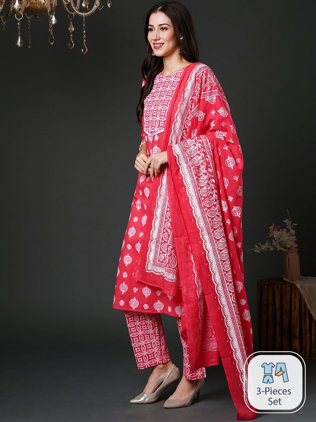 

Indo Era Ethnic Motifs Printed Pure Cotton Straight Kurta & Trousers With Dupatta, Pink