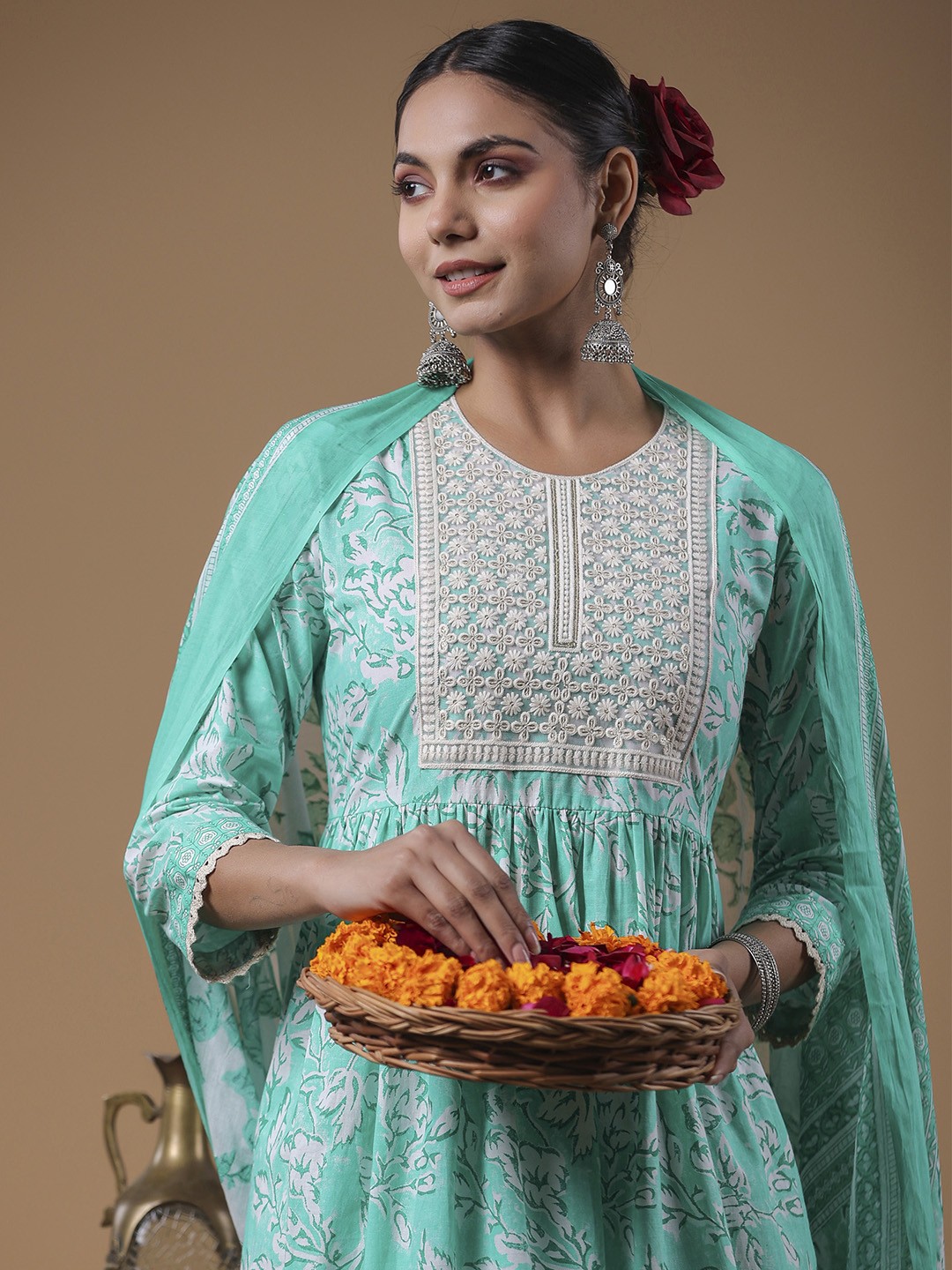 Indo Era Floral Printed Thread Work Pure Cotton A-Line Kurta & Trousers With Dupatta, Sea green