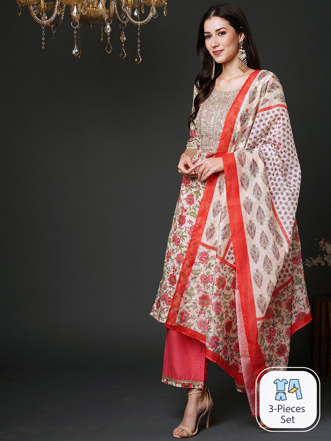 

Indo Era Floral Printed Thread Work Pure Cotton Straight Kurta & Palazzos With Dupatta, Off white