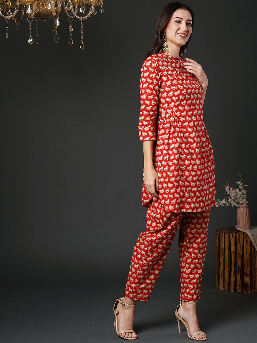 

Indo Era Ethnic Motifs Printed Pure Cotton Tunic & Trousers, Red