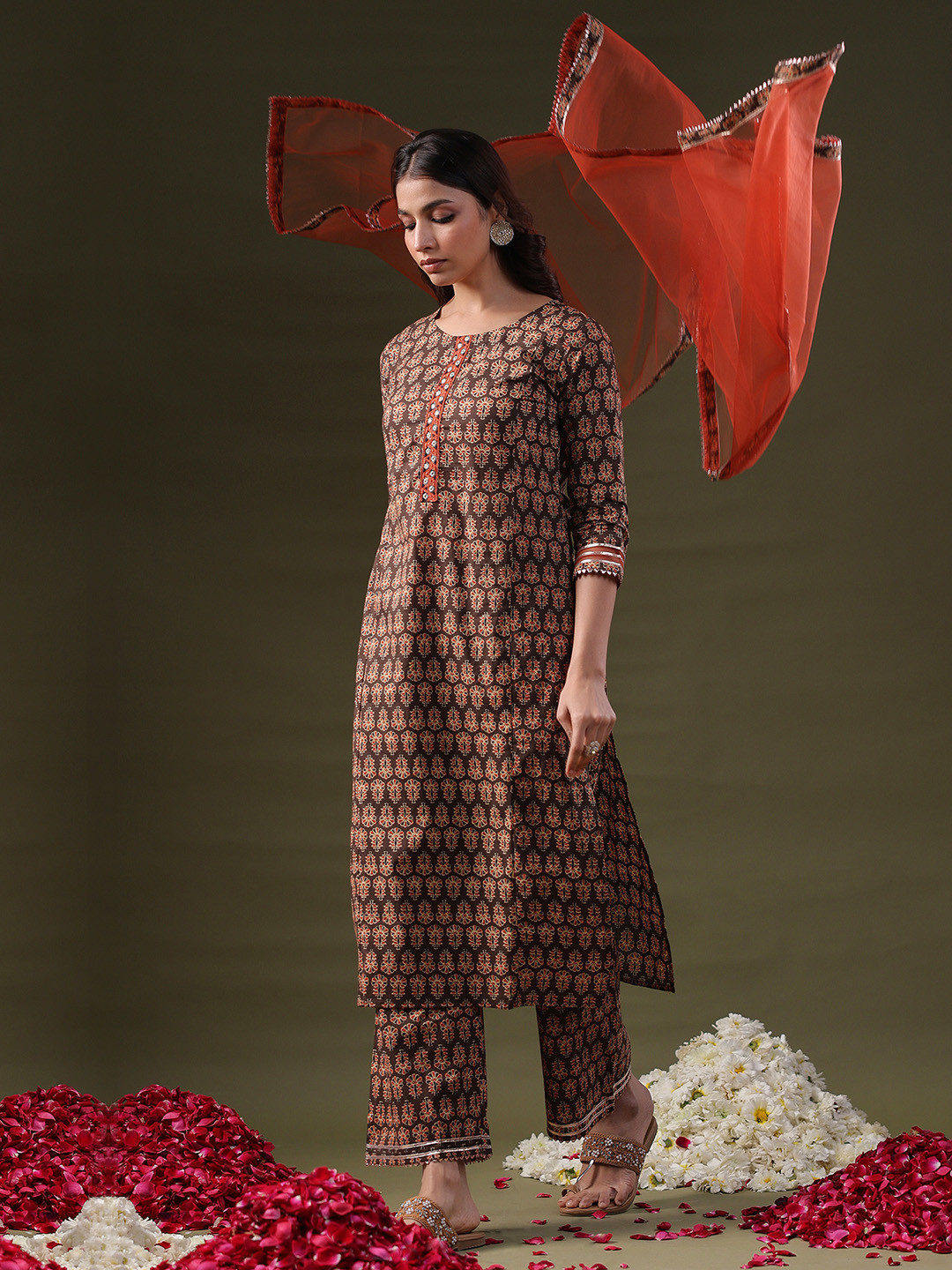 

Indo Era Ethnic Motifs Printed Regular Kurta with Trousers & With Dupatta, Brown