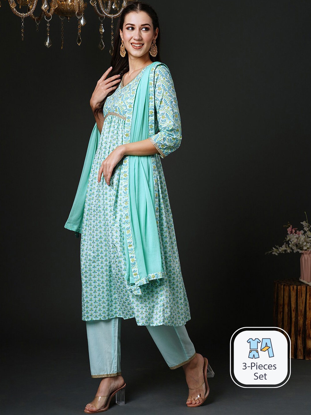 

Indo Era Floral Printed Sequinned A-Line Pure Cotton Kurta with Trousers & Dupatta, Sea green