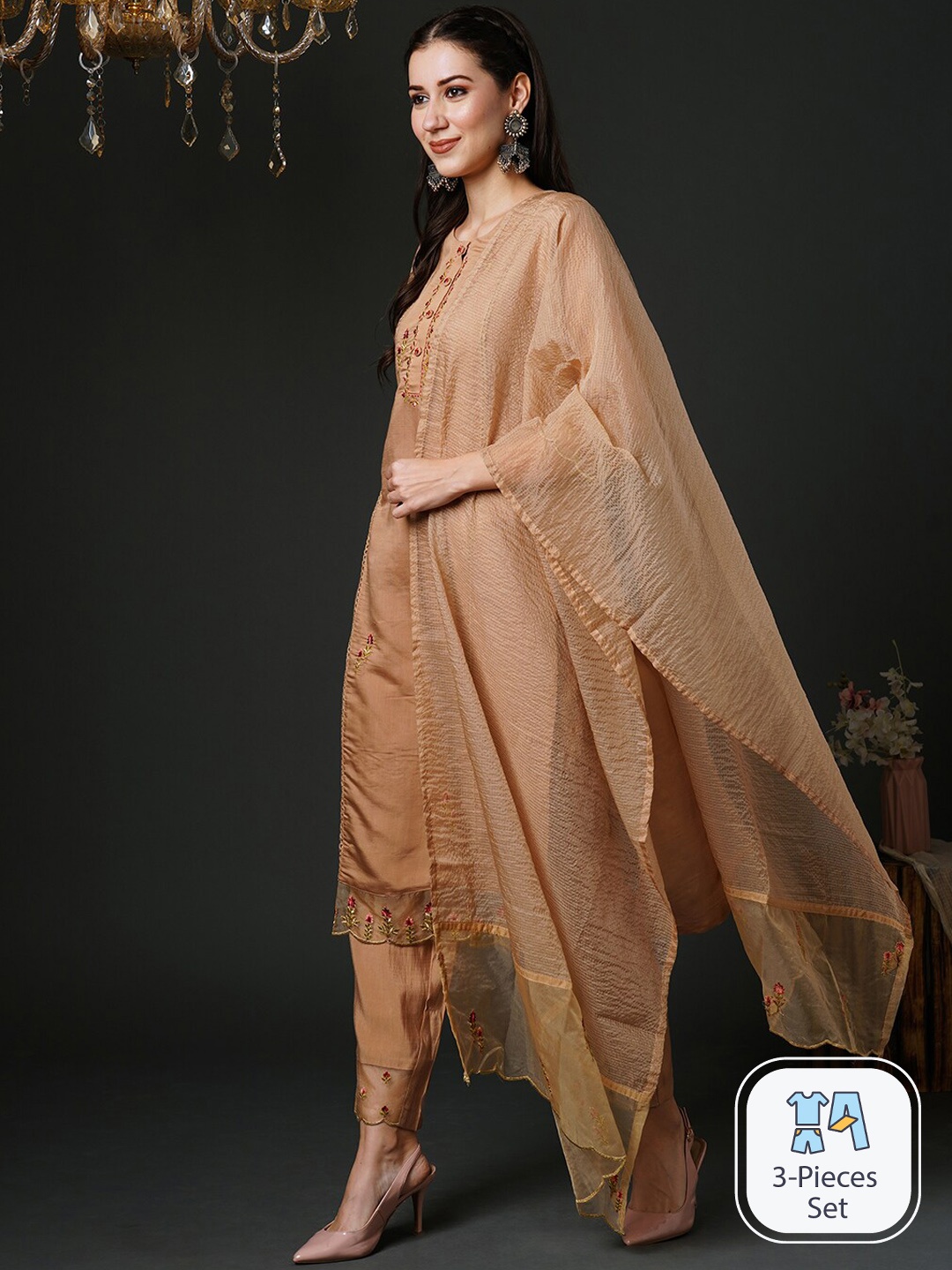 

Indo Era Floral Embroidered Regular Kurta with Trousers & Dupatta, Beige