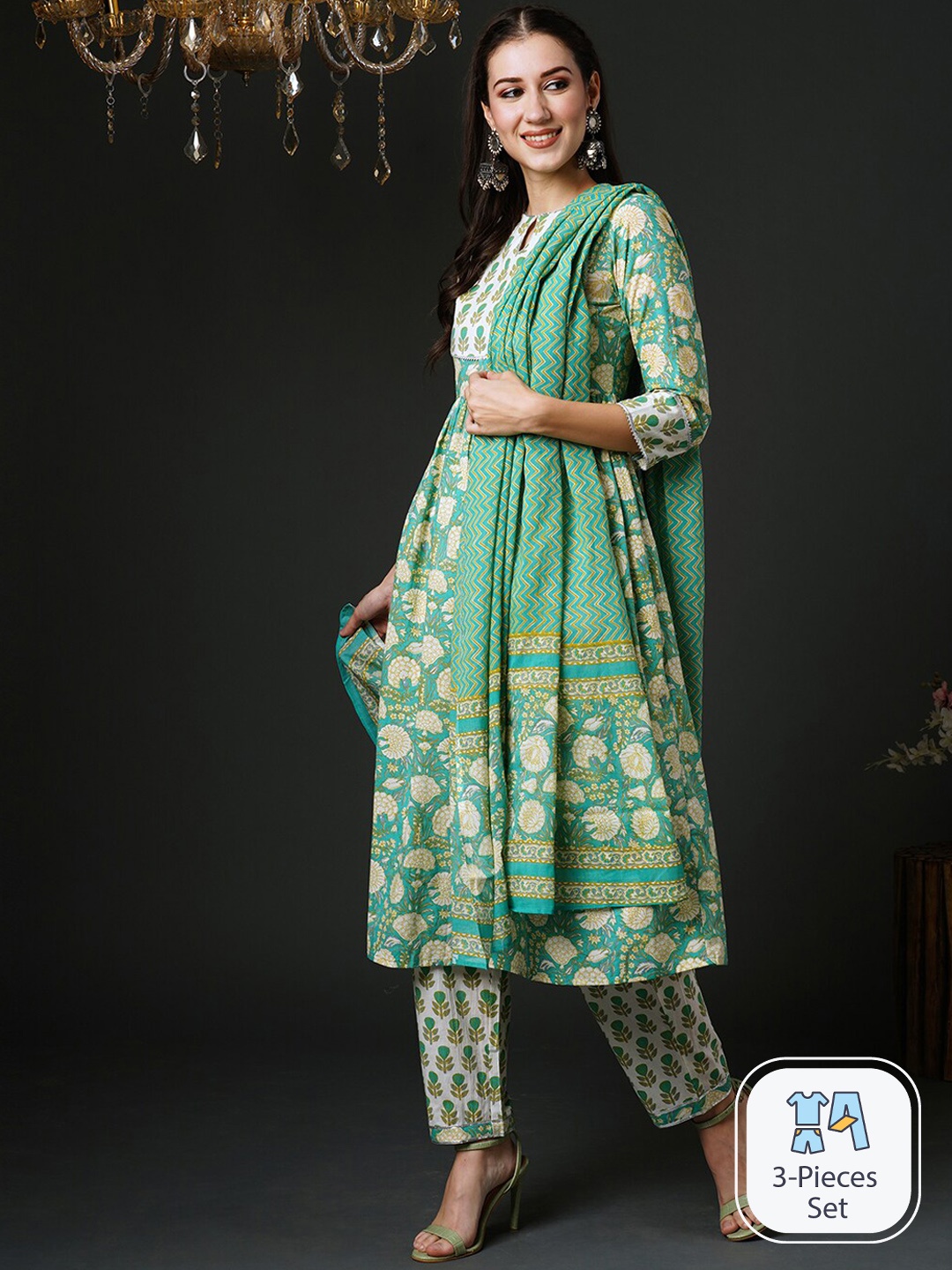 

Indo Era Floral Printed Gotta Patti Pure Cotton A-Line Kurta with Trousers & Dupatta, Green