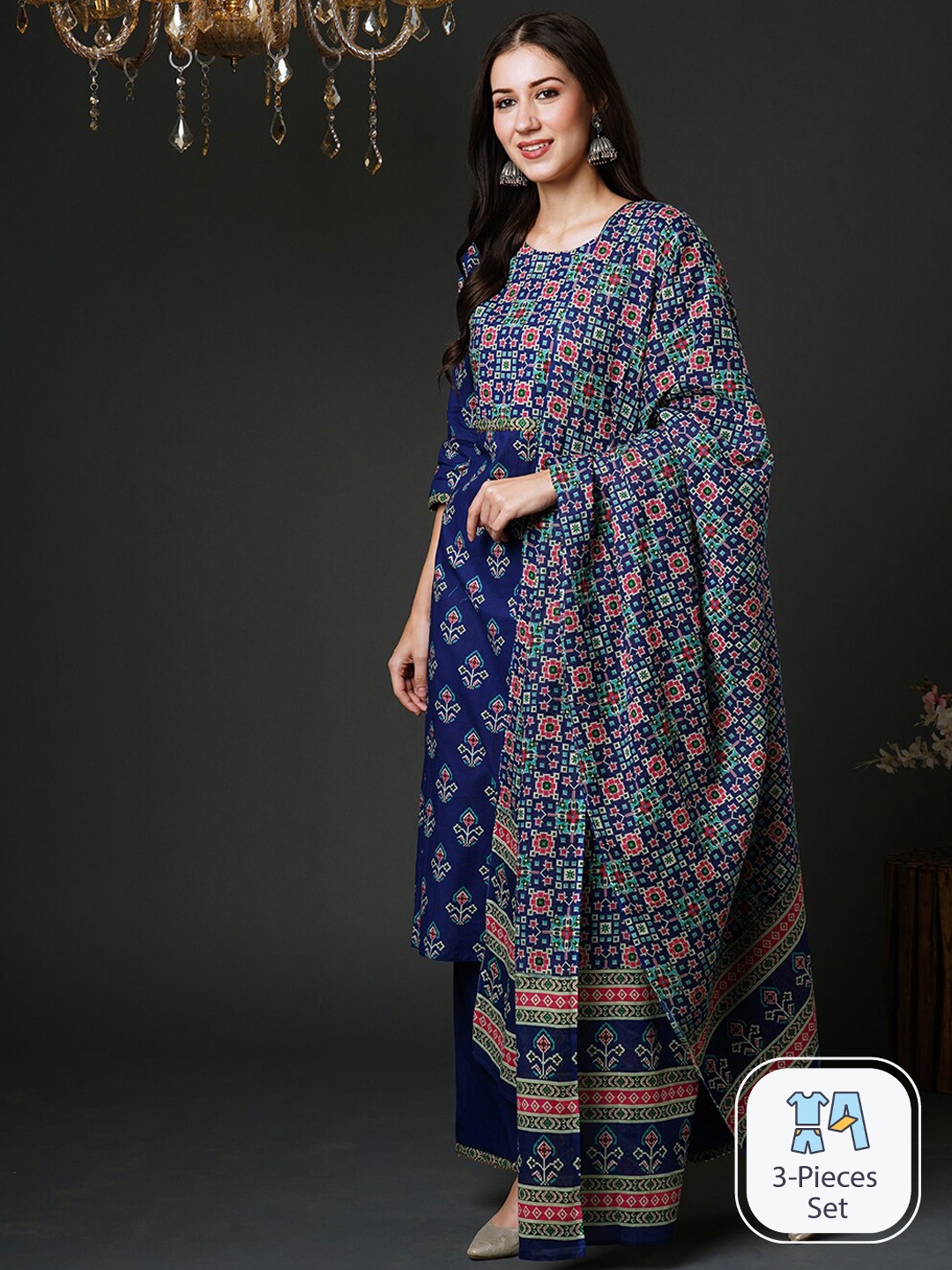 

Indo Era Floral Printed Gotta Patti Pure Cotton Regular Kurta with Palazzos & Dupatta, Blue