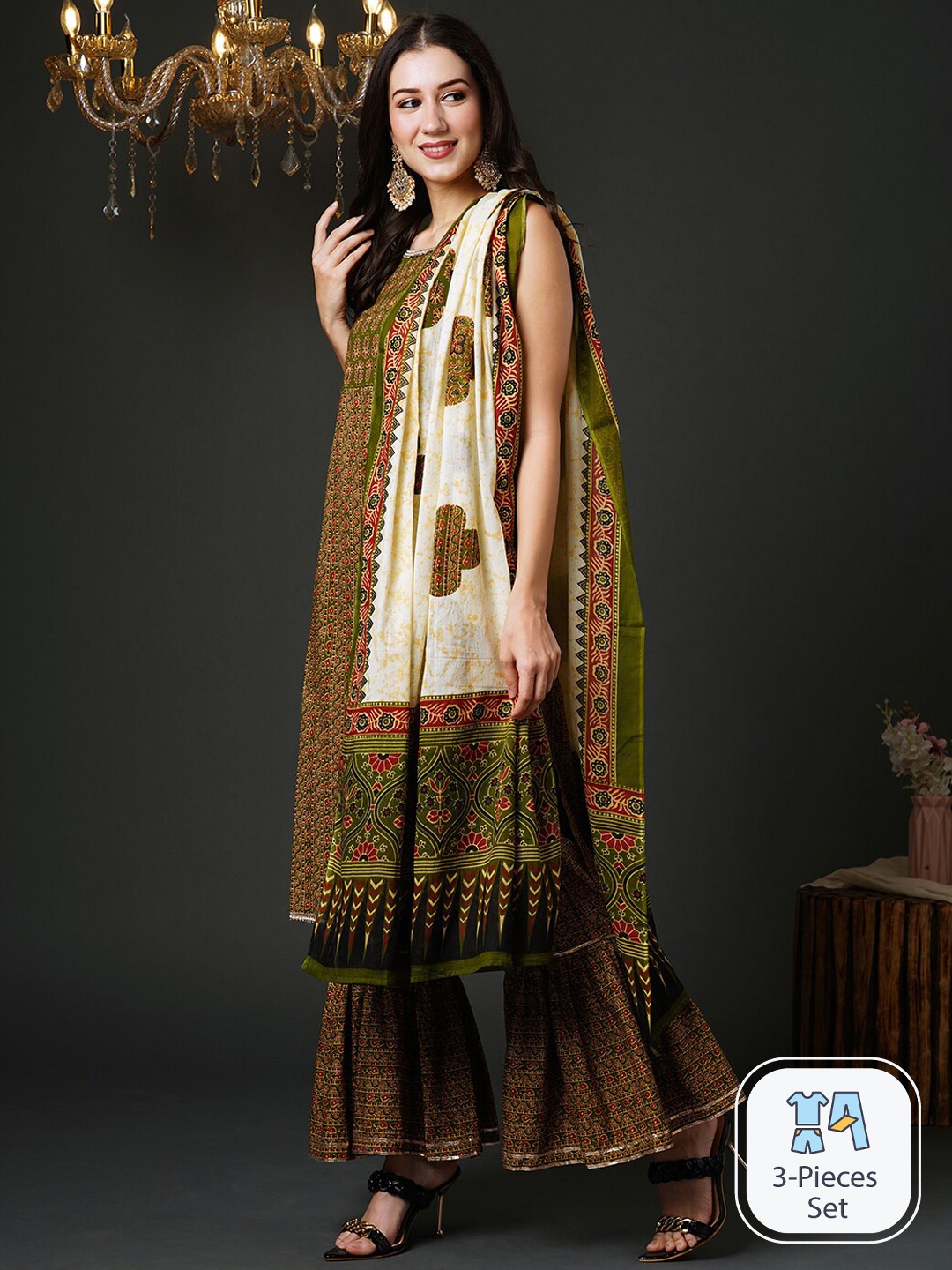 

Indo Era Ethnic Motifs Printed Regular Kurta with Sharara & Dupatta, Green