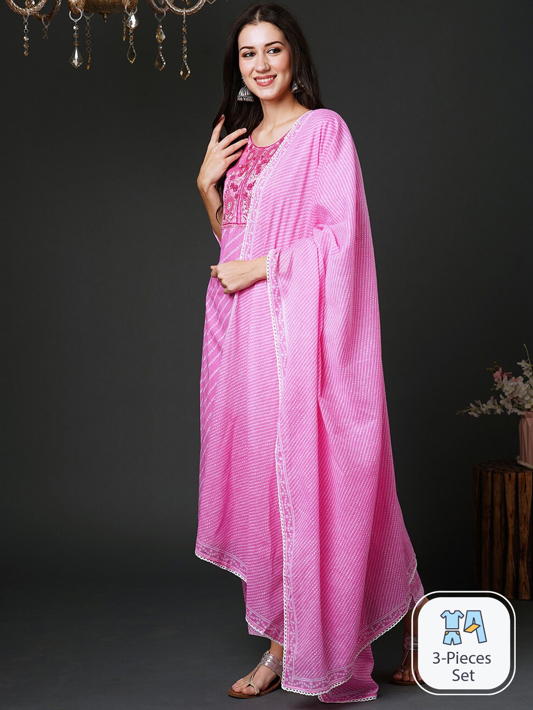 

Indo Era Bandhani Printed Thread Work Pure Cotton Regular Kurta with Trousers & Dupatta, Pink