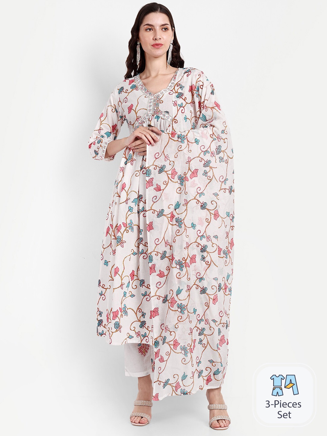 

SINGNI Floral Printed Sequined Pure Cotton Empire A-Line Kurta & Trousers With Dupatta, White