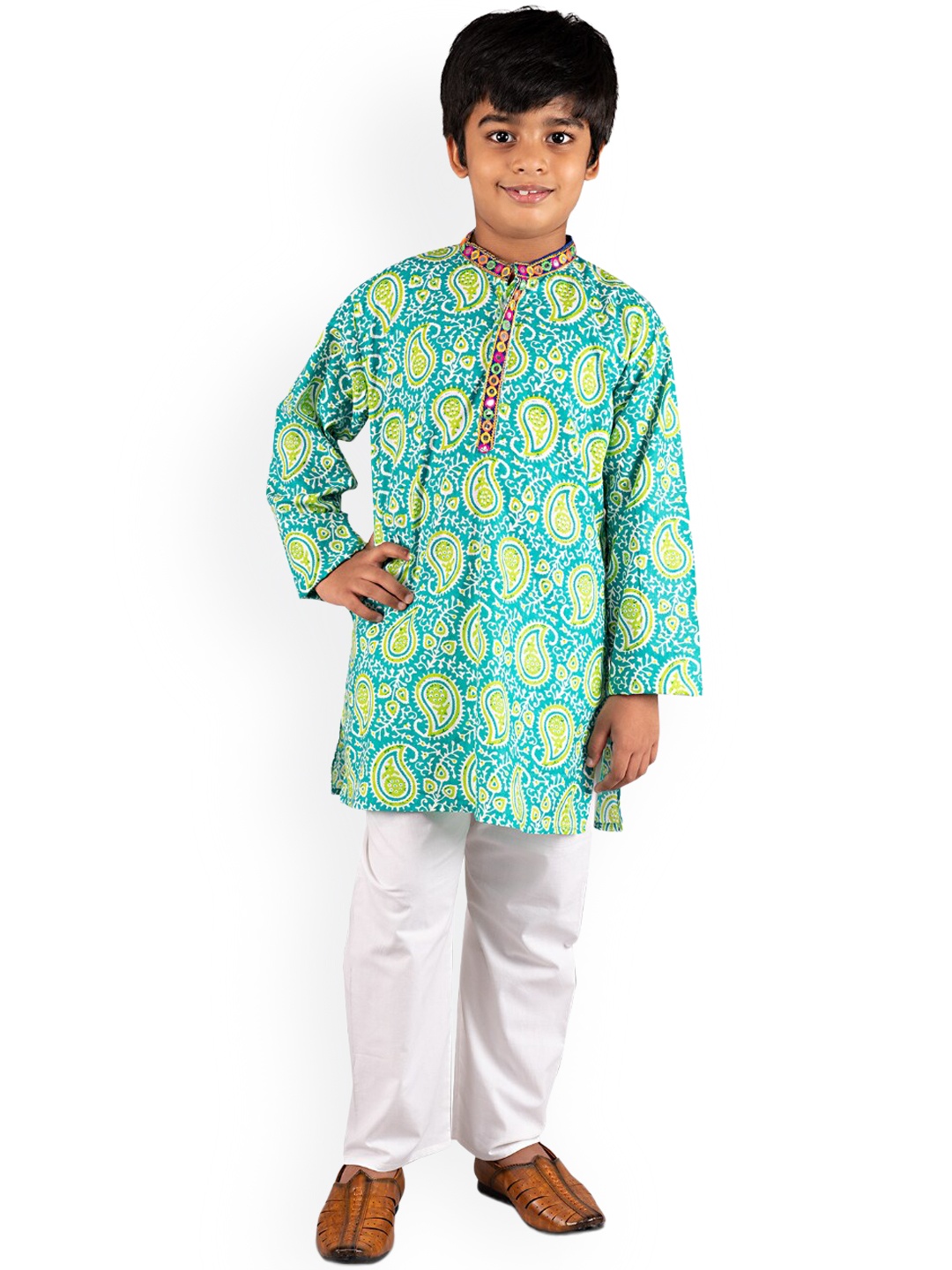 

kidcetra Boys Paisley Printed Mandarin Collar Mirror Work Pure Cotton Kurta Set, Blue