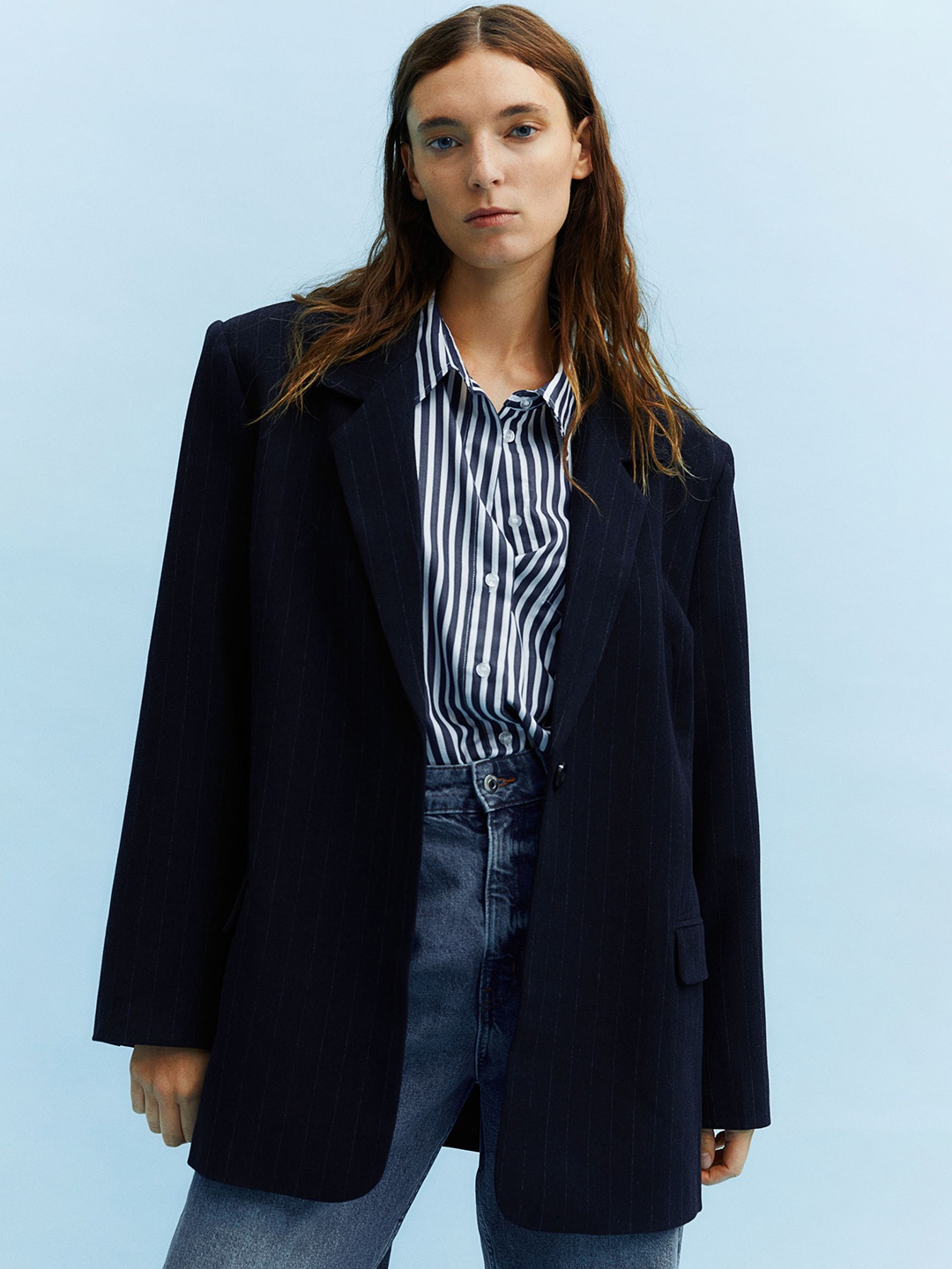 

H&M Oversized Pinstriped Blazer, Blue
