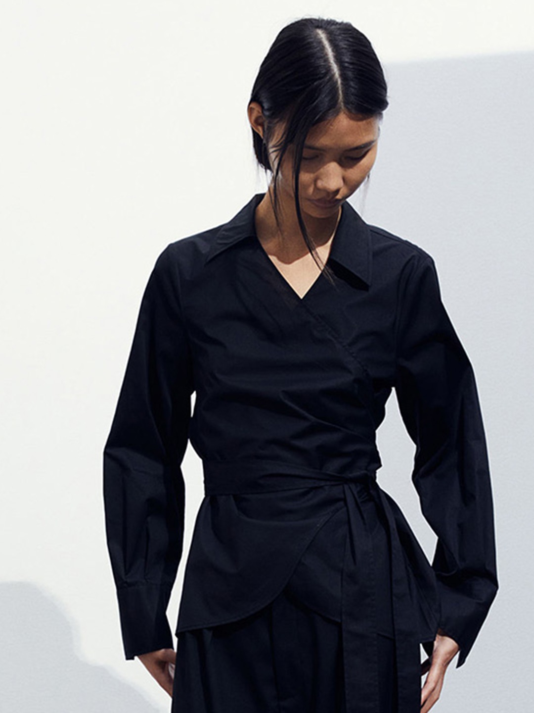 

H&M Pure Cotton Poplin Wrap Shirt, Black