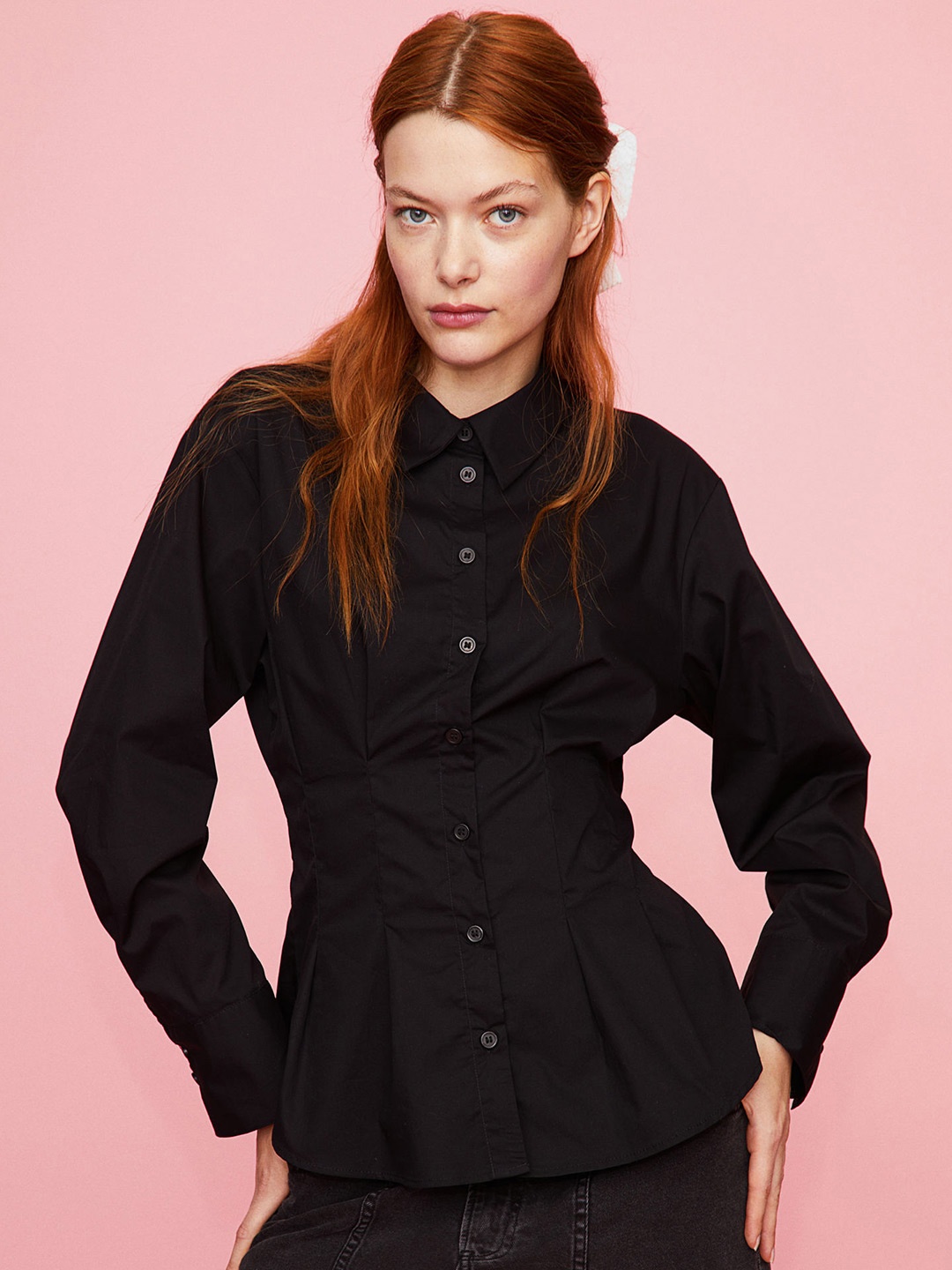 

H&M Pure Cotton Tapered-Waist Poplin Shirt, Black