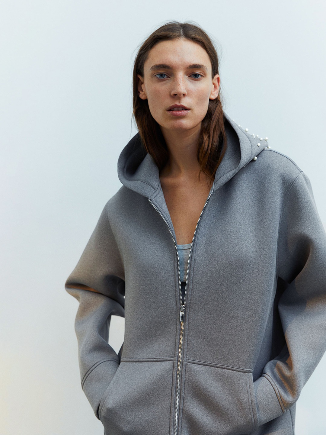 

H&M Bead-Decorated Hoodie, Grey