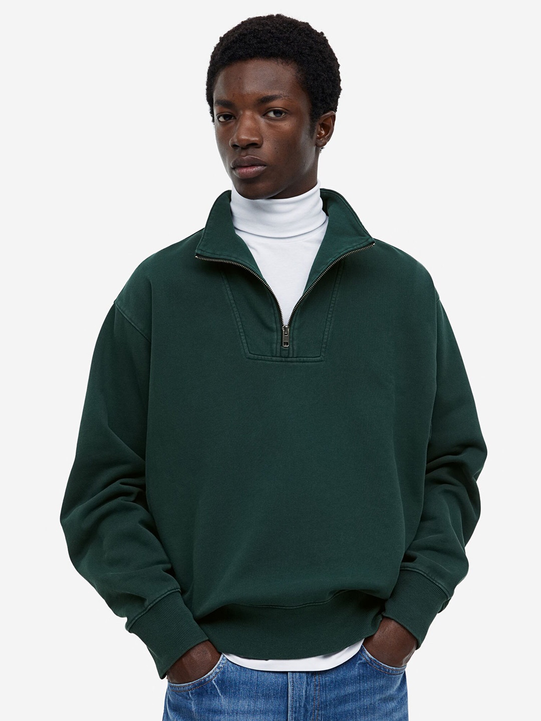 

H&M Pure Cotton Loose Fit Zip-Top Sweatshirt, Green