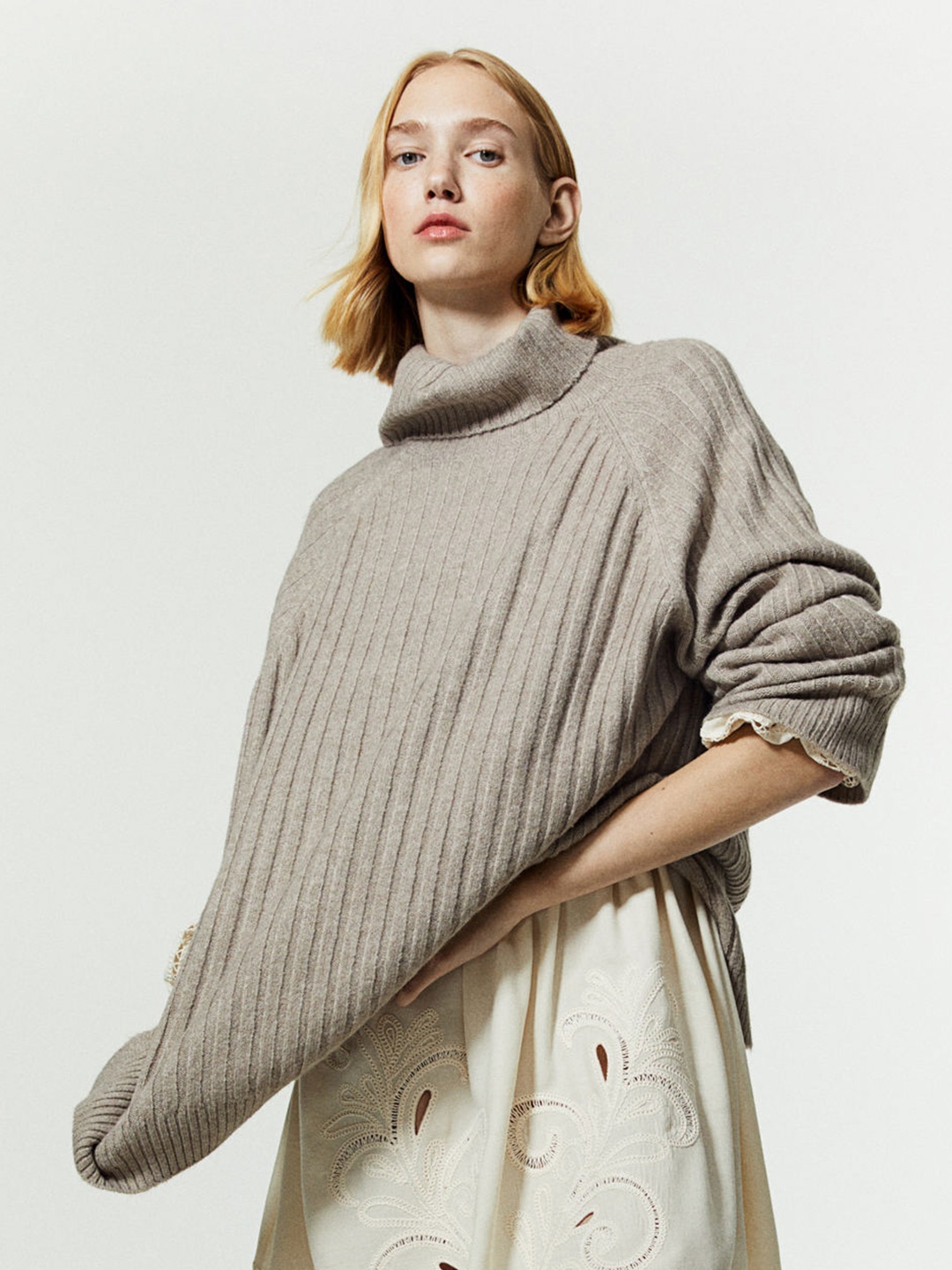

H&M Rib-Knit Polo-Neck Jumper, Beige