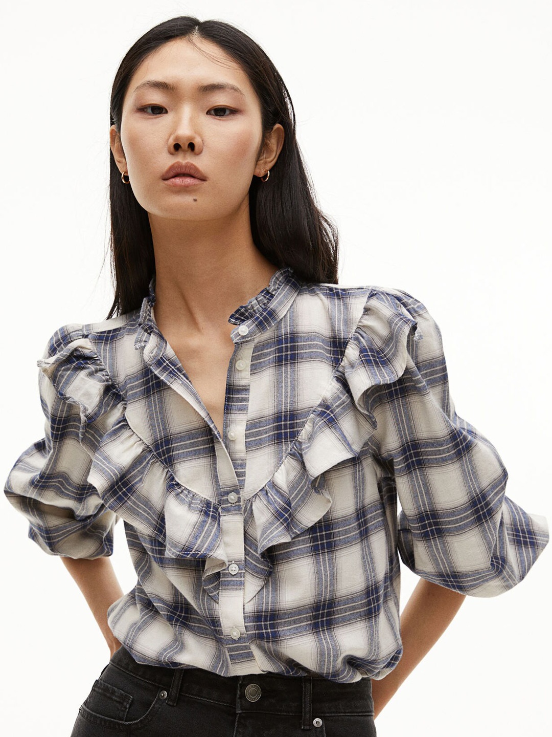 

H&M Pure Cotton Frill-Trimmed Blouse, Blue