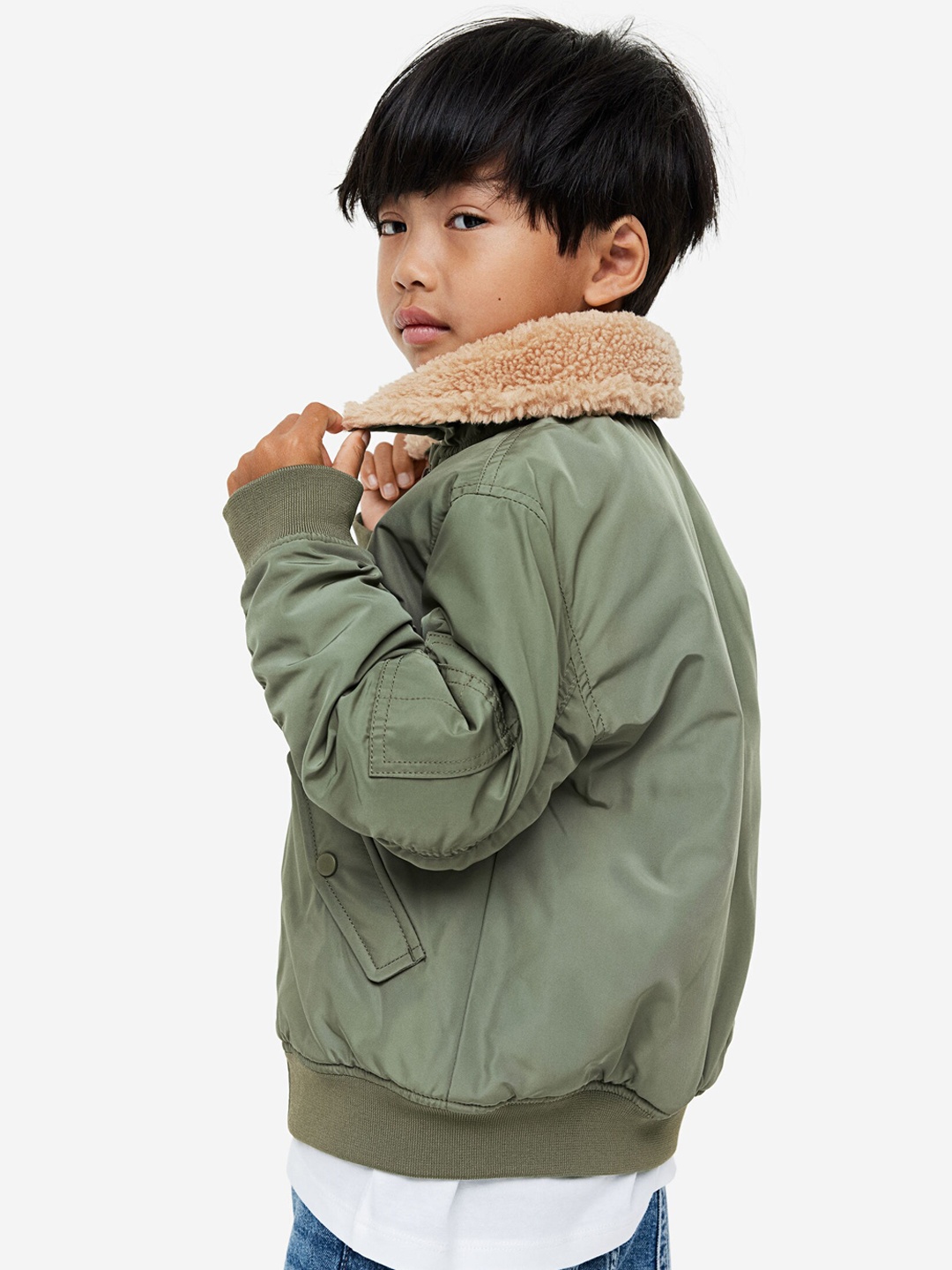 

H&M Teddy-Collared Bomber Jacket, Green