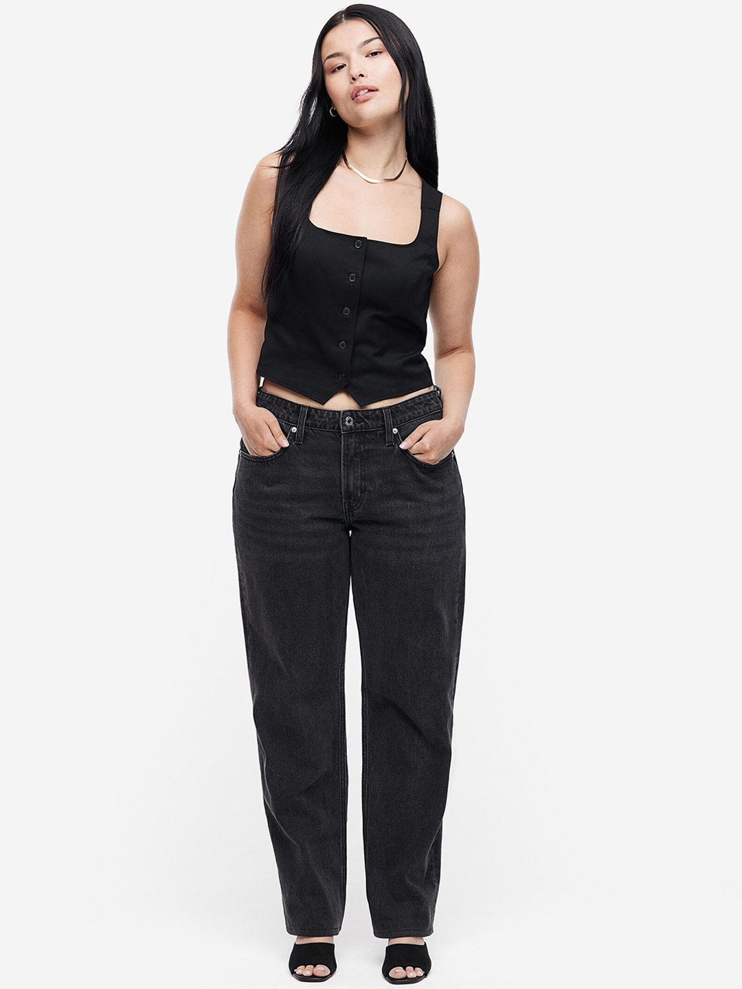 

H&M Women Curvy Fit Straight Regular Jeans, Black