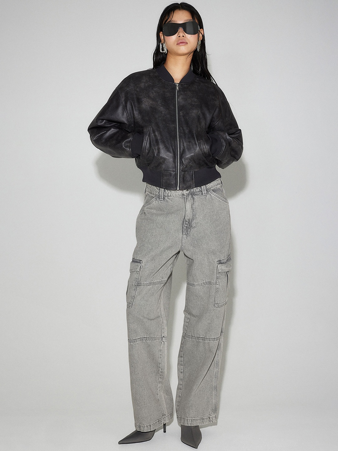 

H&M Women Denim Cargo Trousers, Grey