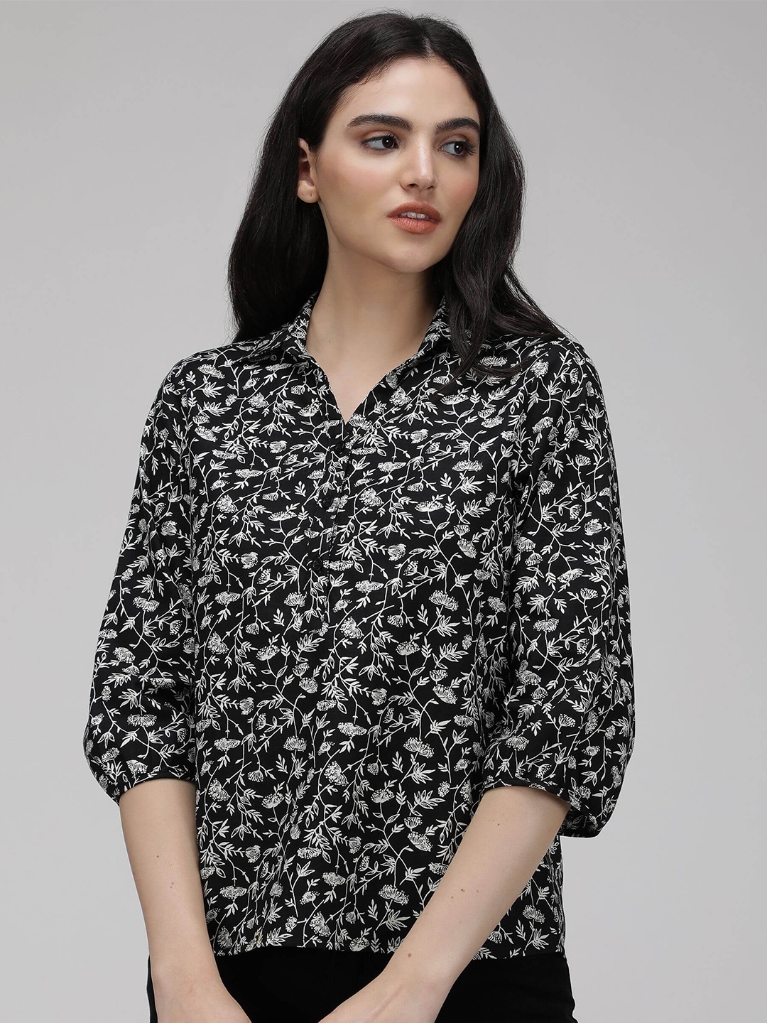 

IDK Floral Printed Shirt Style Top, Black