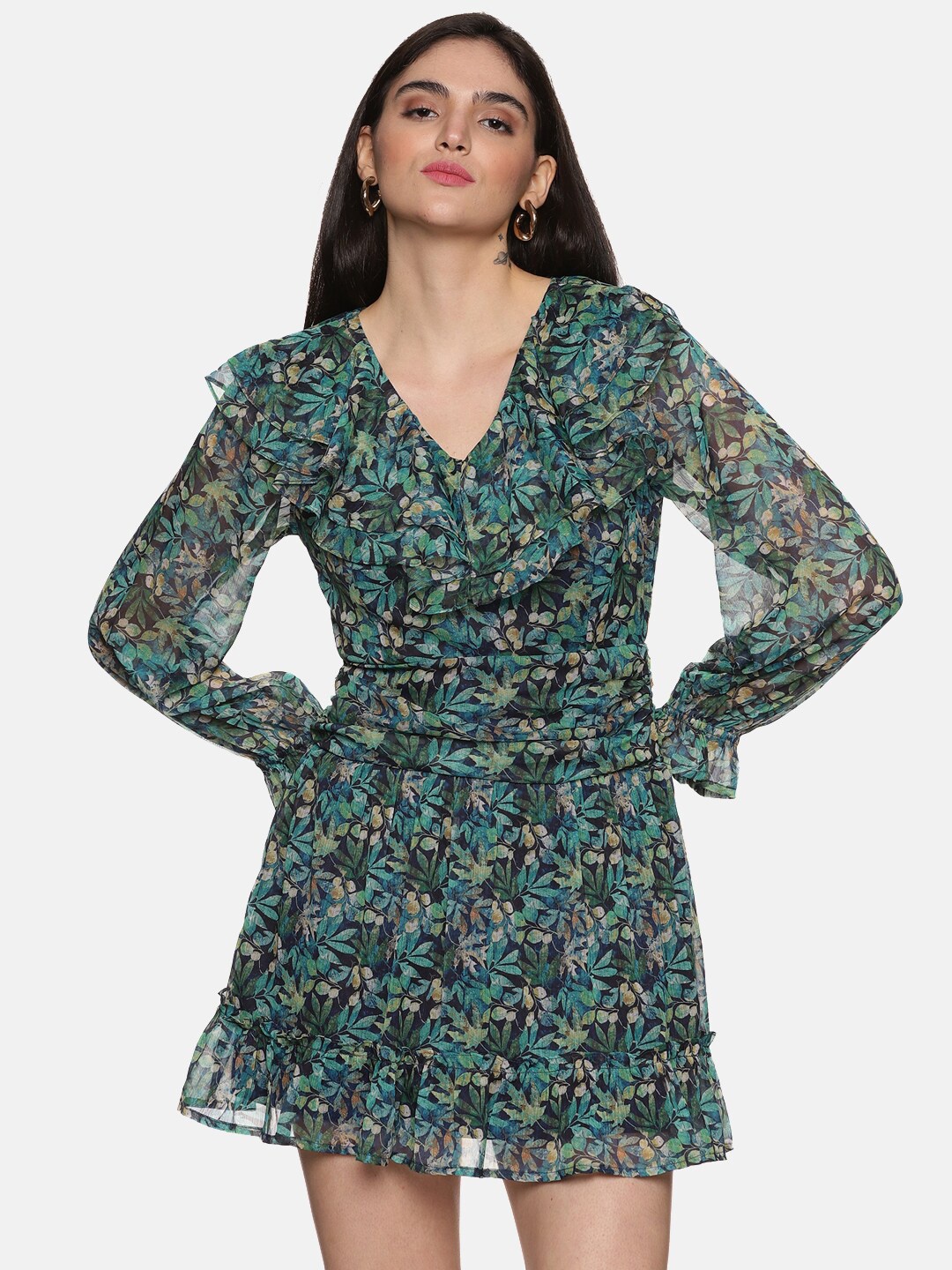 

ISU Tropical Printed V--Neck Puff Sleeves Ruffles Detail A-Line Dress, Green