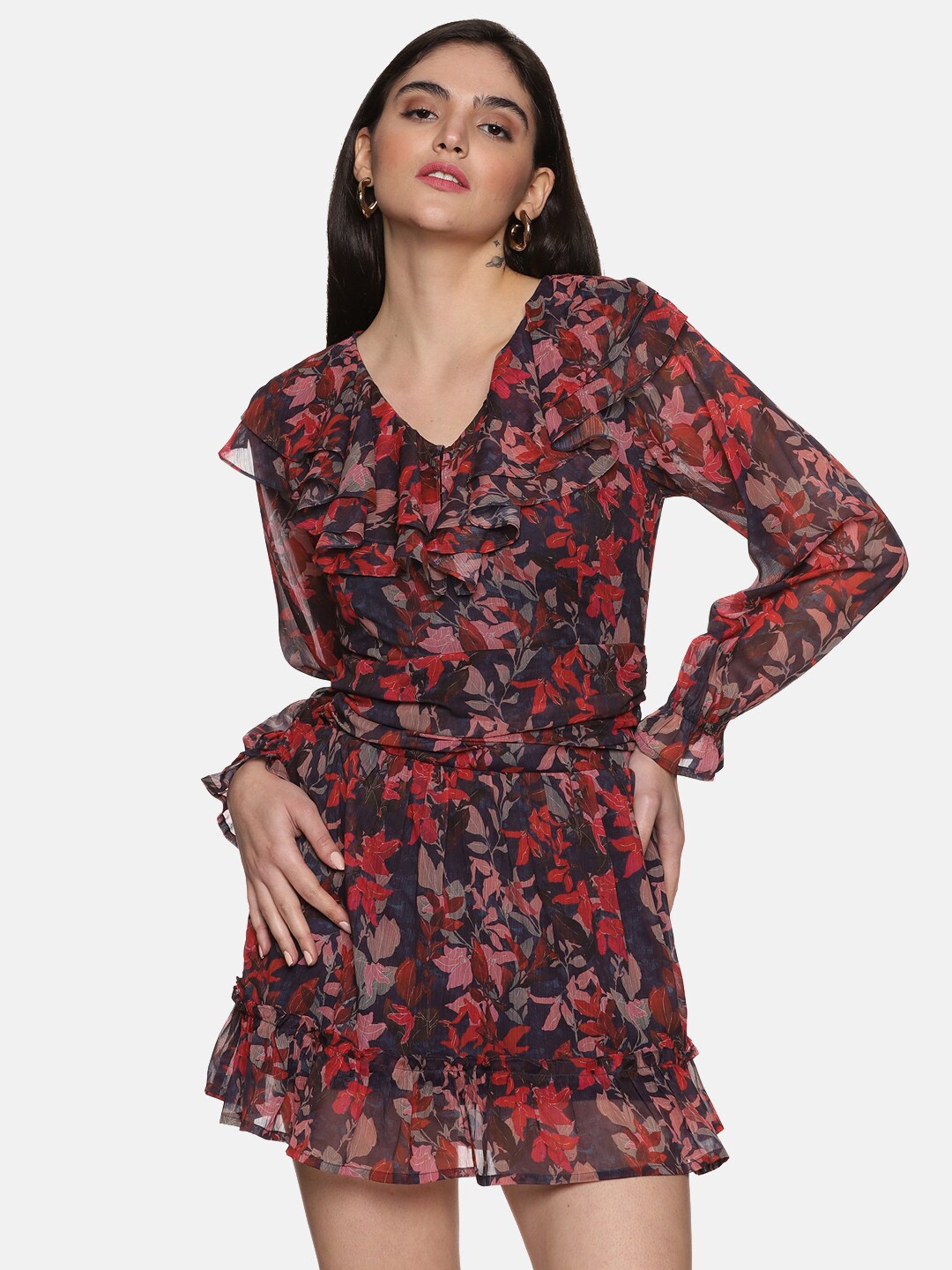 

ISU Tropical Printed V-Neck Ruffles Detail A-Line Dress, Red