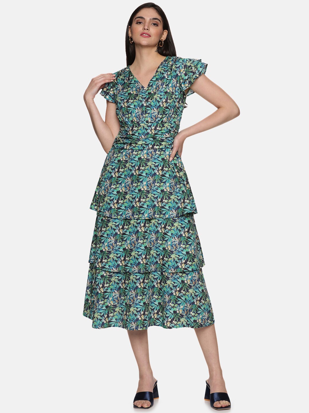 

ISU Tropical Printed V-Neck Flutter Sleeve Layered Detail A-Line Dress, Green