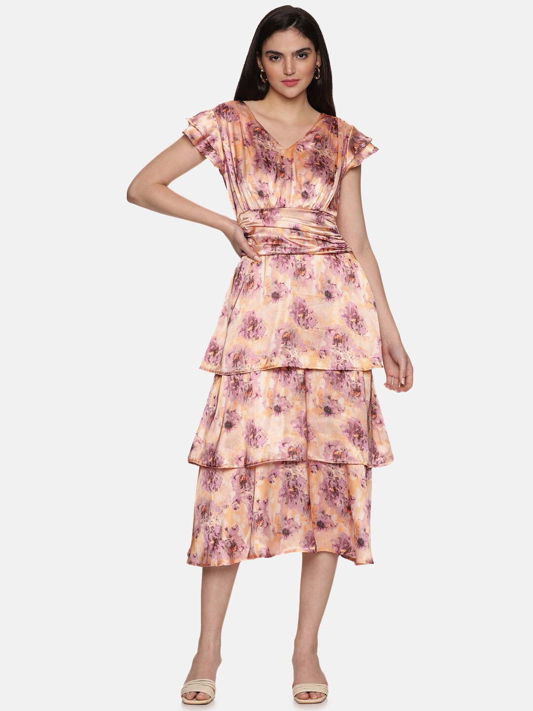 

ISU Floral Printed V-Neck Flutter Sleeve Layered Detail A-Line Dress, Peach