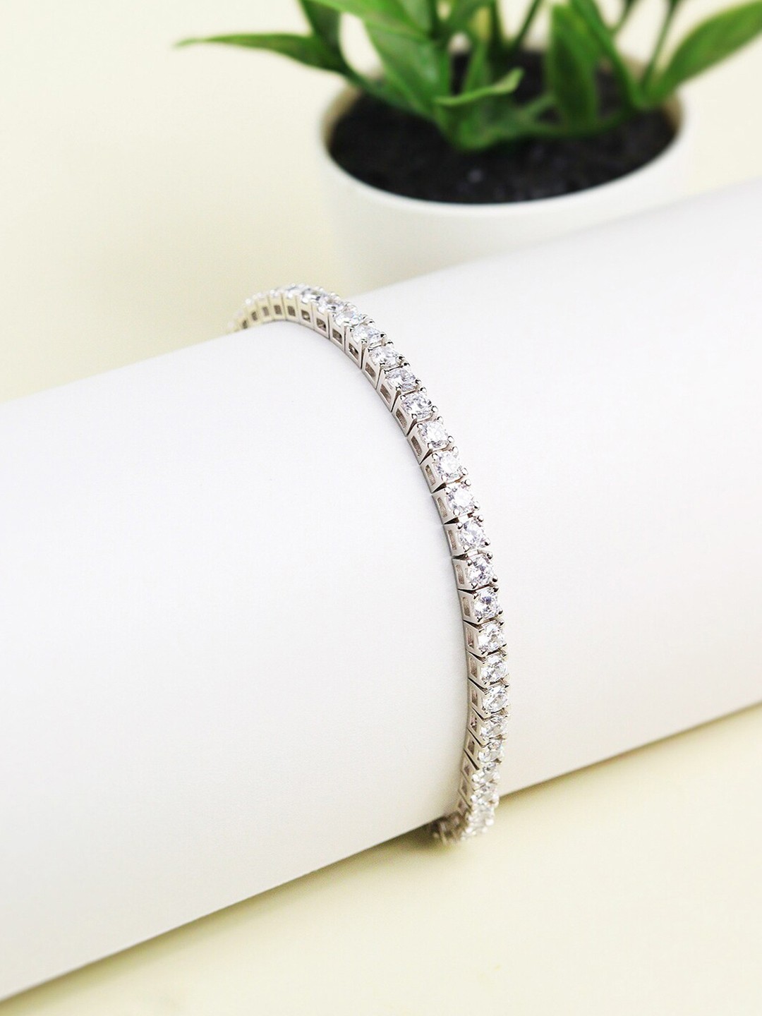 

CURIO COTTAGE Rhodium-Plated Cubic Zirconia Stone Studded Wraparound Bracelet, Silver