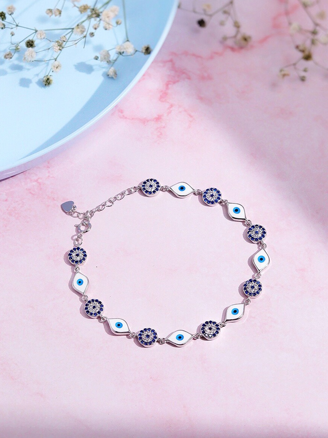 

CURIO COTTAGE Rhodium-Plated 925 Silver Stone Studded Link Bracelet