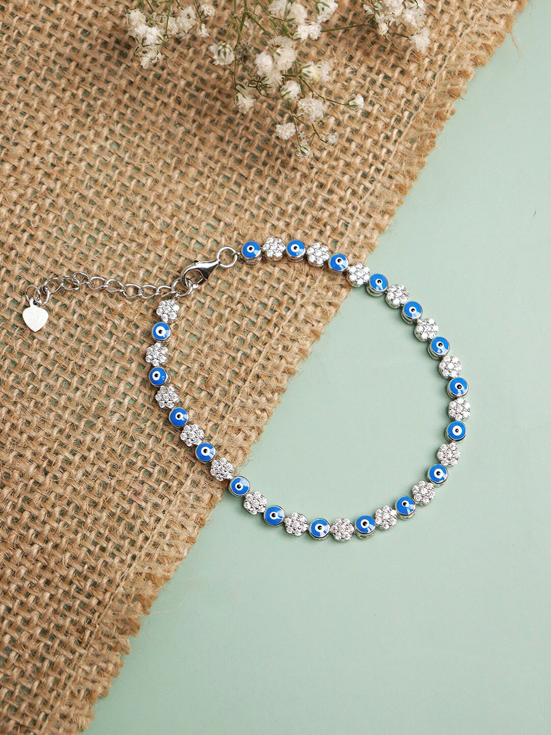 

CURIO COTTAGE Rhodium-Plated Pure Silver Cubic Zirconia Stone Studded Link Bracelet