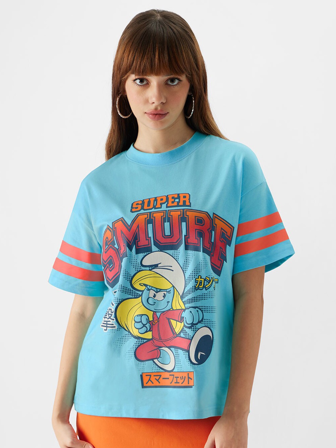 

The Souled Store Smurf Printed Pure Cotton Oversized T-shirt, Blue