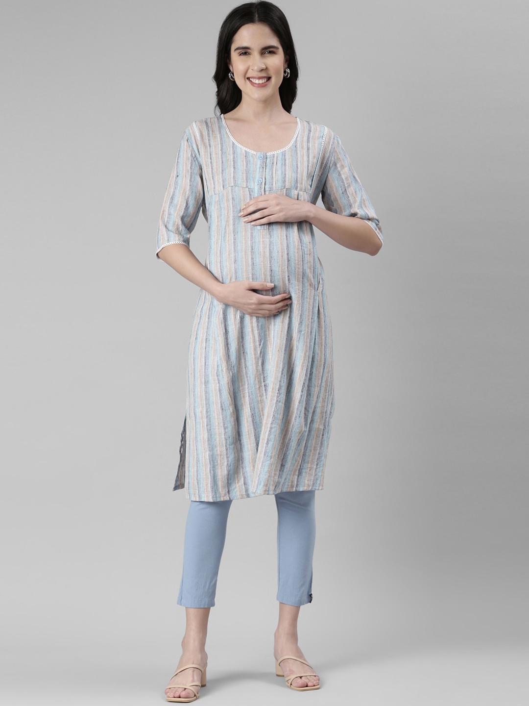 

GOLDSTROMS Striped Rayon Maternity Kurta, Blue