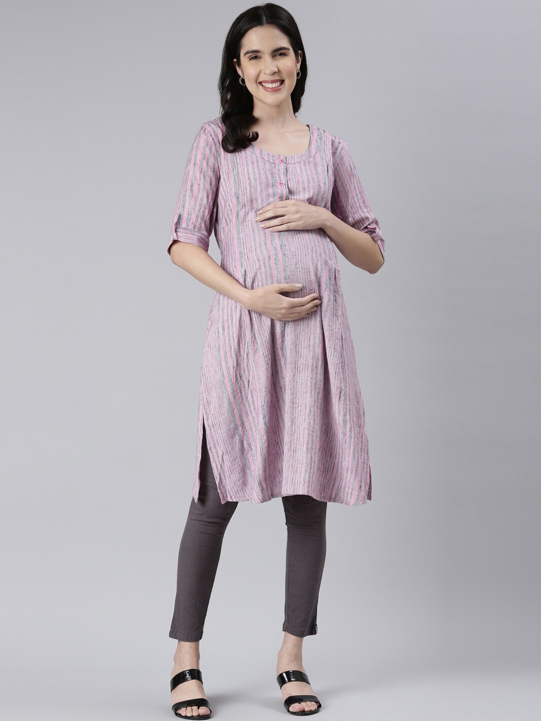 

GOLDSTROMS Striped Round Neck Roll-Up Sleeves A-Line Maternity Kurta, Pink