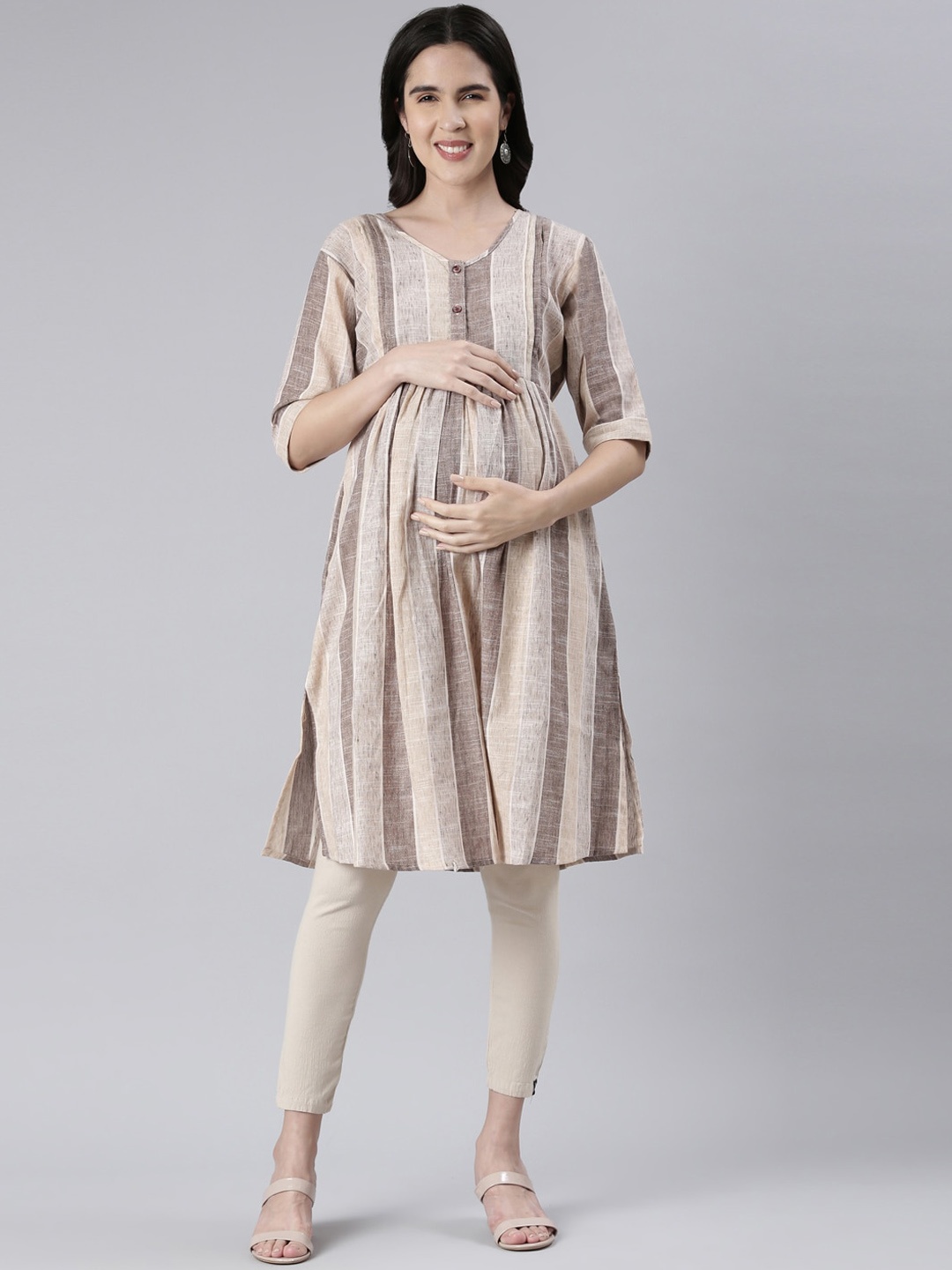 

GOLDSTROMS Striped V-Neck A-Line Maternity Kurta, Brown