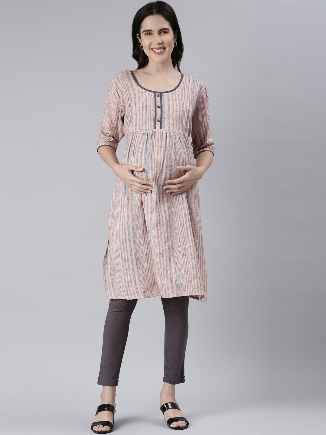 

GOLDSTROMS Striped Round Neck A-Line Maternity Kurta, Peach