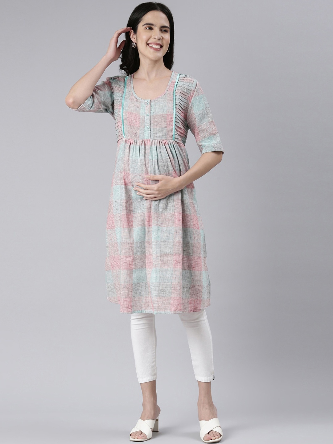 

GOLDSTROMS Checked A-Line Maternity Kurta, Sea green