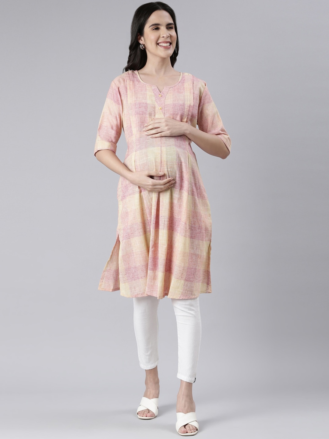 

GOLDSTROMS Checked Rayon Maternity Kurta, Peach