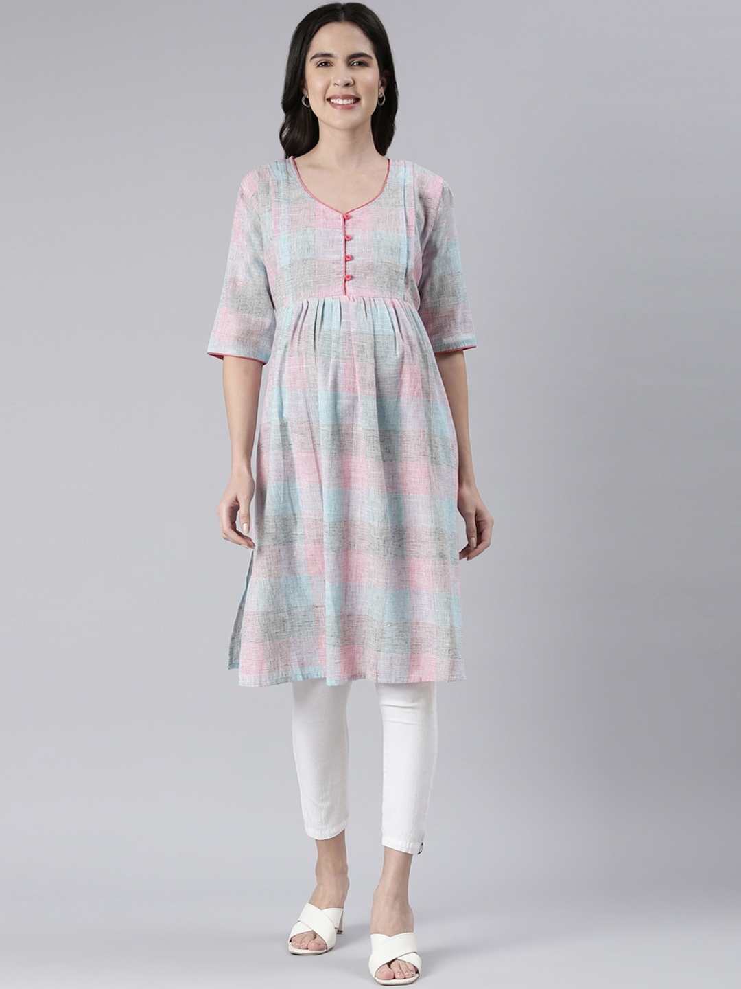

GOLDSTROMS Checked Rayon A-line Maternity Kurta, Blue
