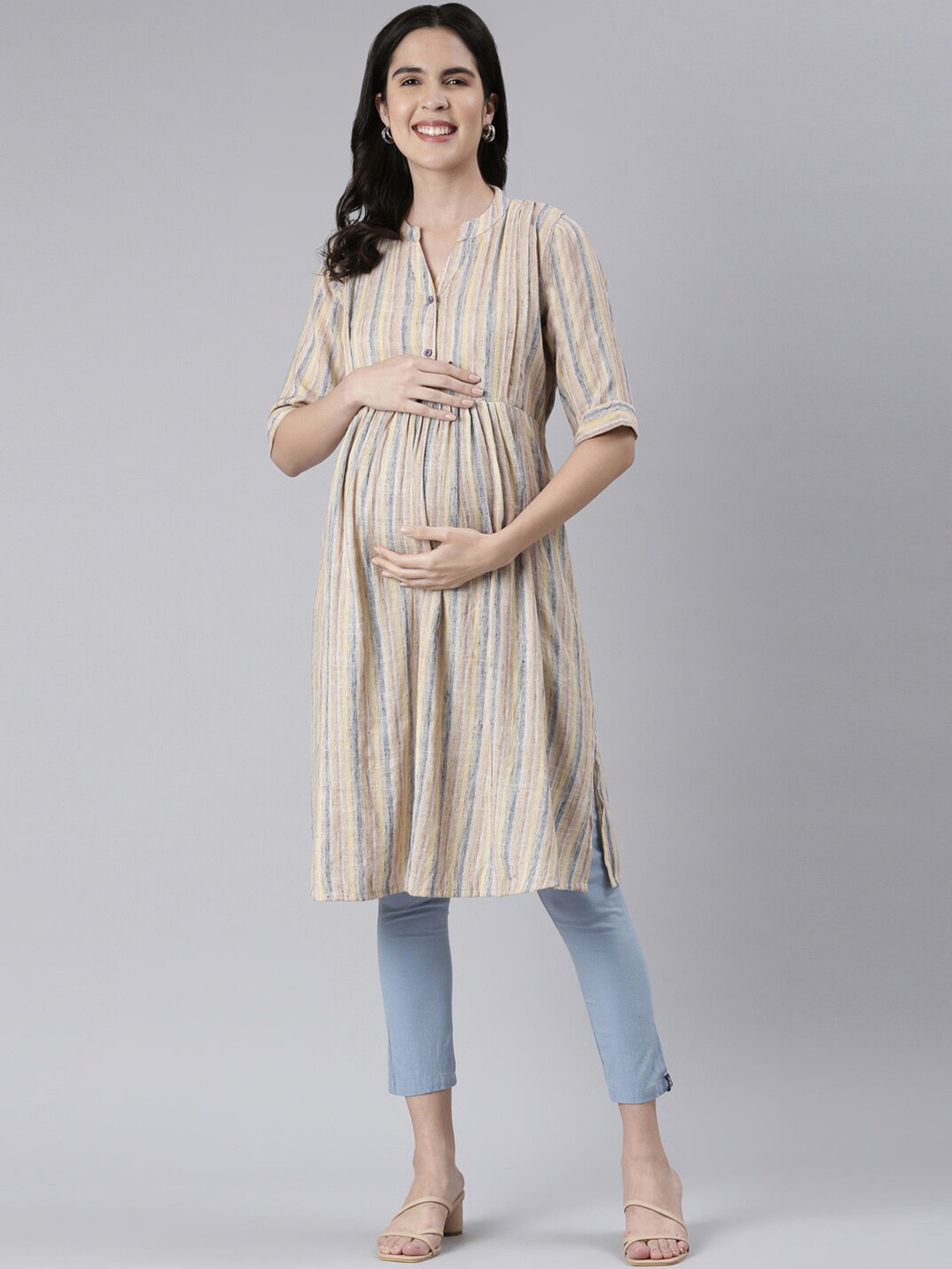 

GOLDSTROMS Striped Rayon Maternity A-line Kurta, Beige