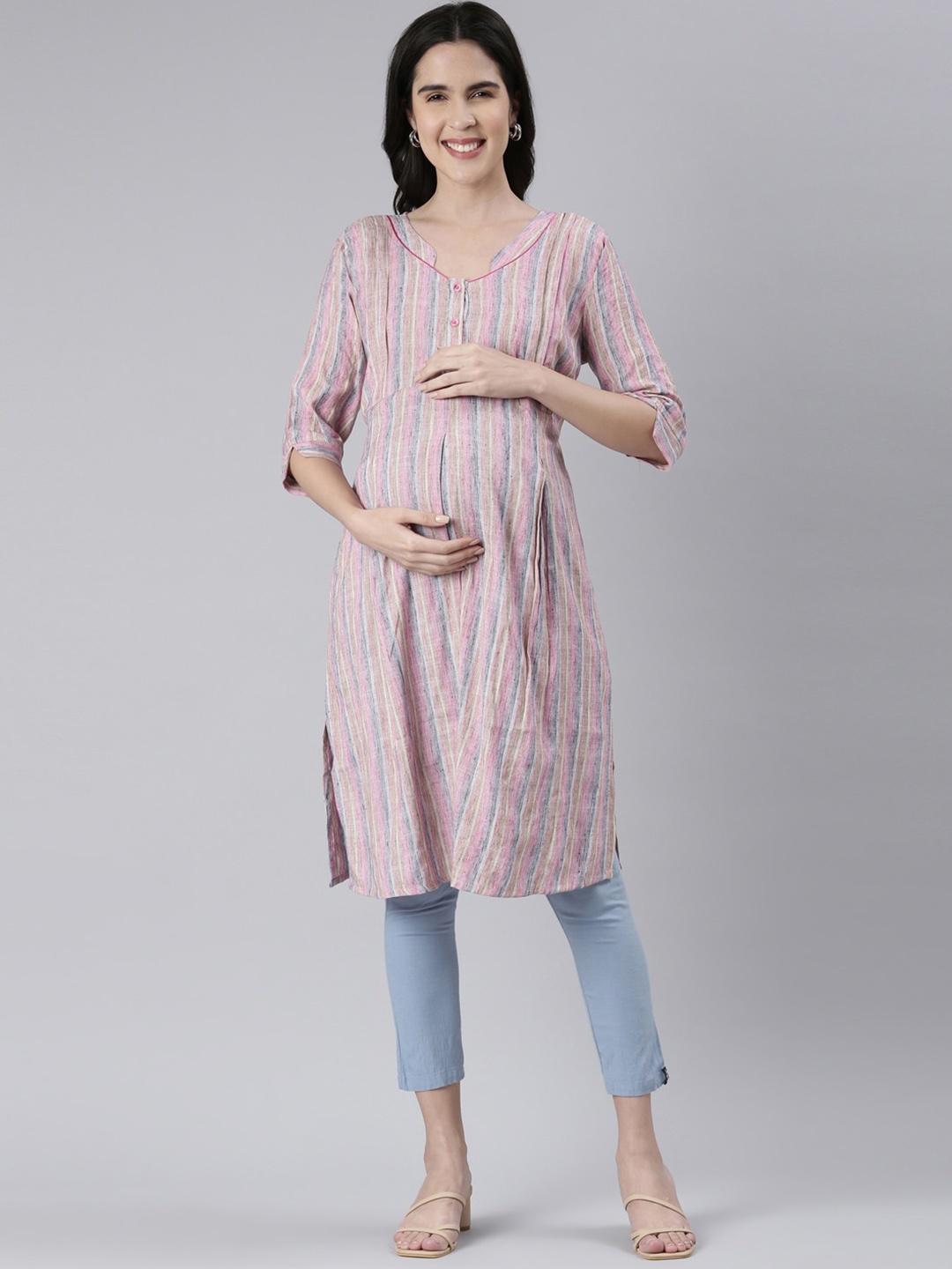 

GOLDSTROMS Striped V-Neck A-Line Maternity Kurta, Pink