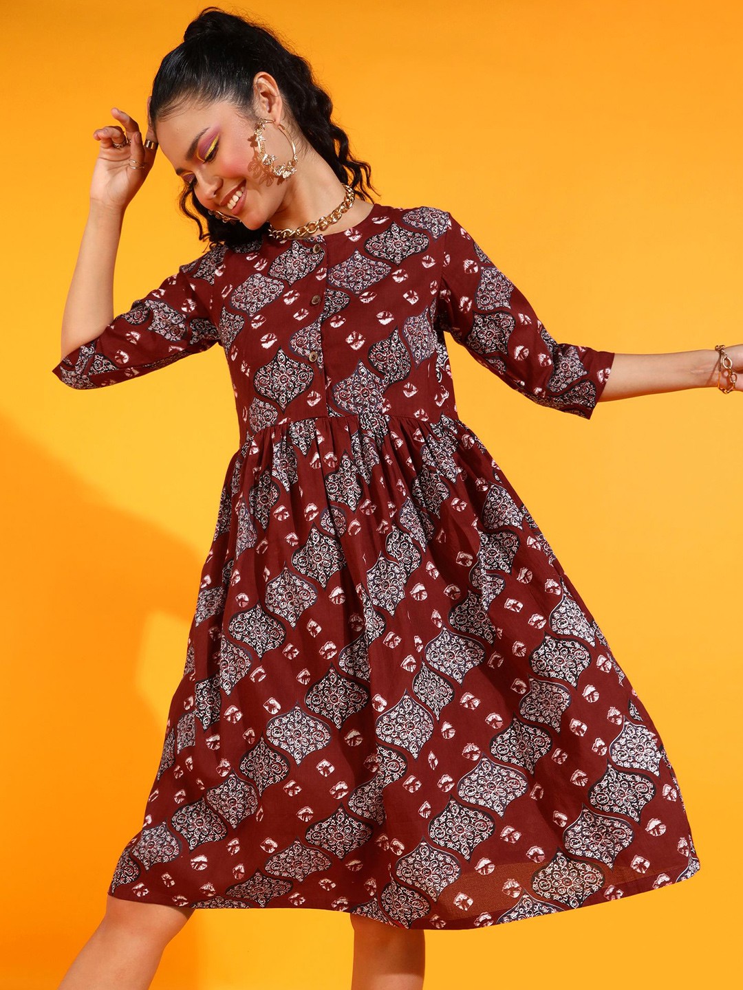 

Popwings Ethnic Motifs Print Pleated Fit & Flare Cotton Midi Dress, Maroon
