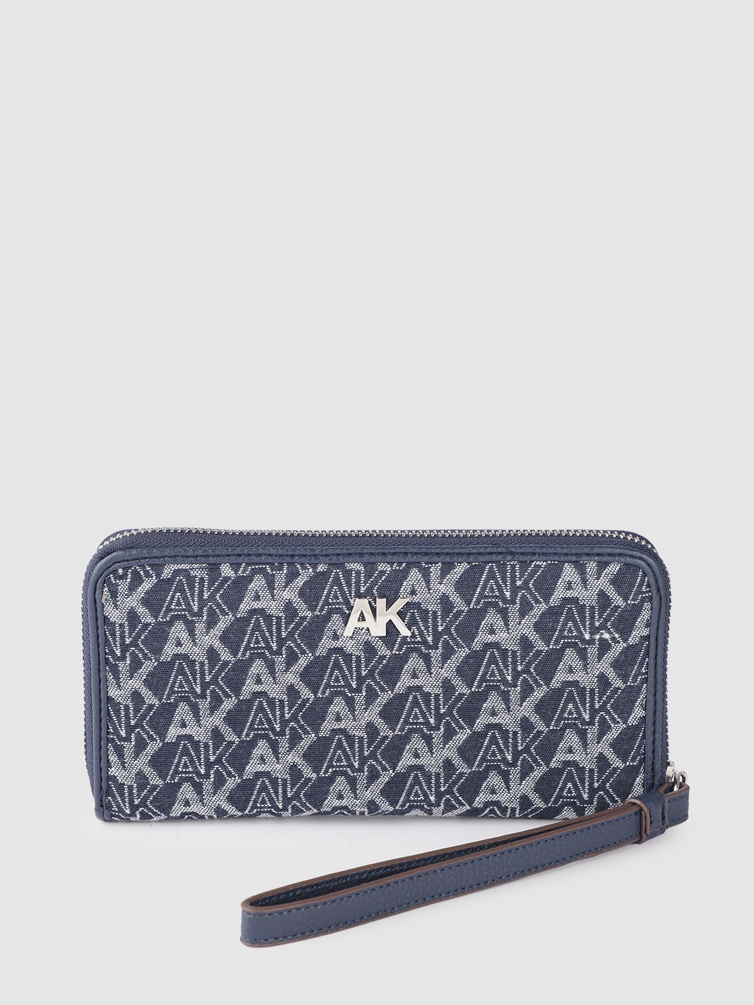 ANNE KLEIN Women Brand Logo Woven Design Zip Around Wallet, Navy blue