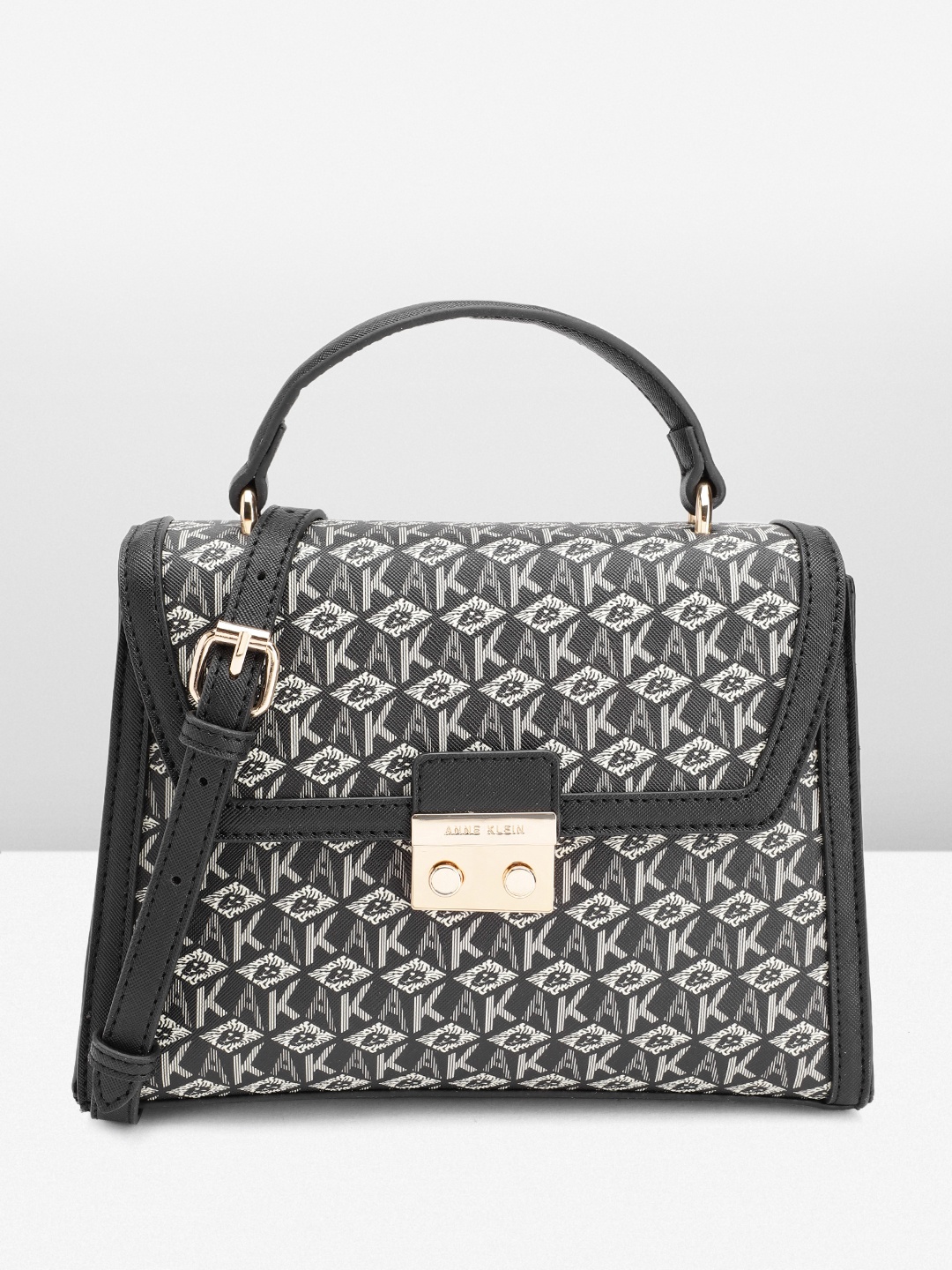 

ANNE KLEIN Brand Logo Printed Structured Satchel Bag, Black