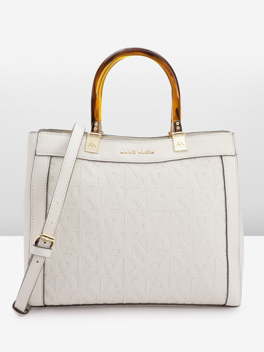 

ANNE KLEIN Brand Logo Textured Structured Handheld Bag, Off white