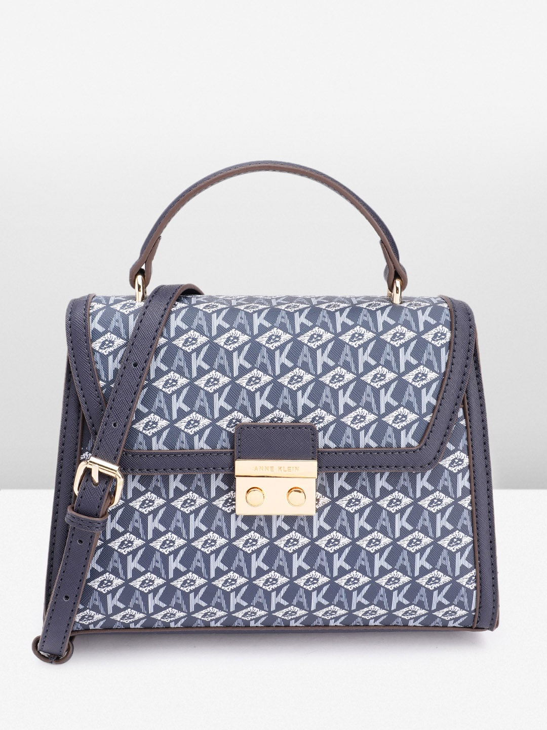 

ANNE KLEIN Brand Logo Printed Structured Satchel Bag, Navy blue