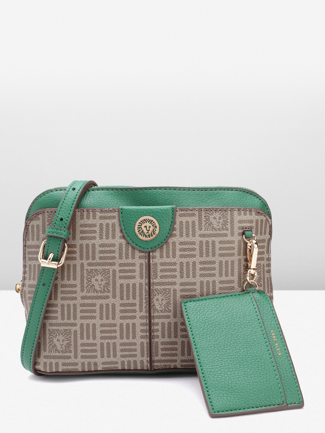 

ANNE KLEIN Geometric & Brand Logo Printed Structured Sling Bag, Green