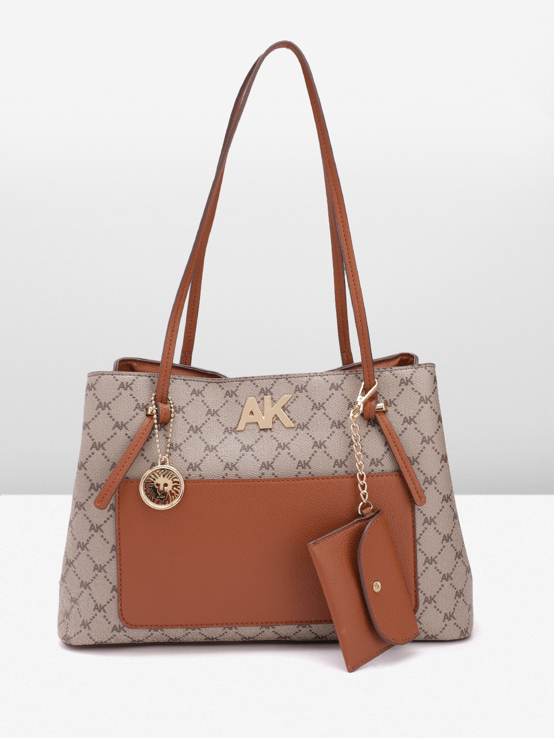 

ANNE KLEIN Brand Logo Printed Structured Shoulder Bag, Beige