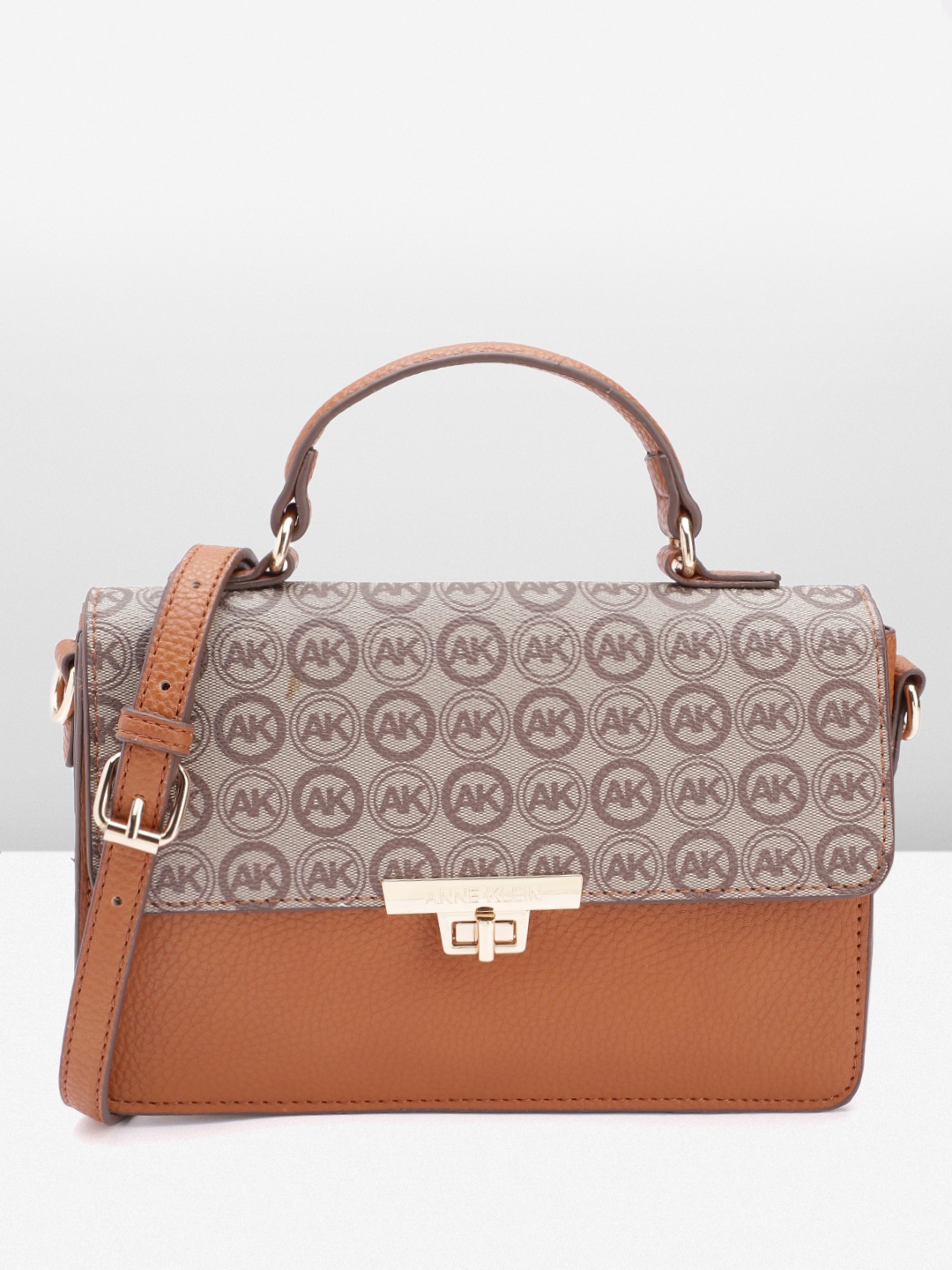 

ANNE KLEIN Brand Logo Printed Structured Satchel Bag, Brown