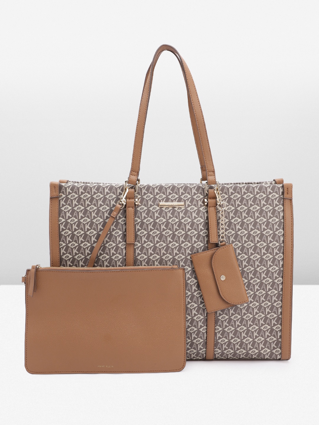 

ANNE KLEIN Brand Logo Printed Structured Shoulder Bag, Brown